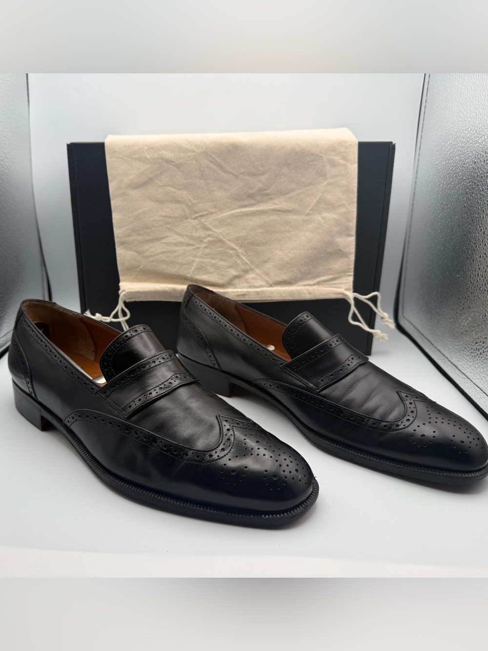 Salvatore Ferragamo Black Leather Wingtip Brogue Penny Loafers Men's 10 D Italy